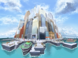 An artistic representation of how Castelia City is seen from its docks.