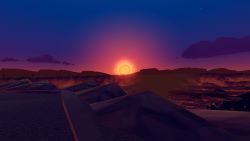 The bright setting Sun in a virtual version of the grand canyon.